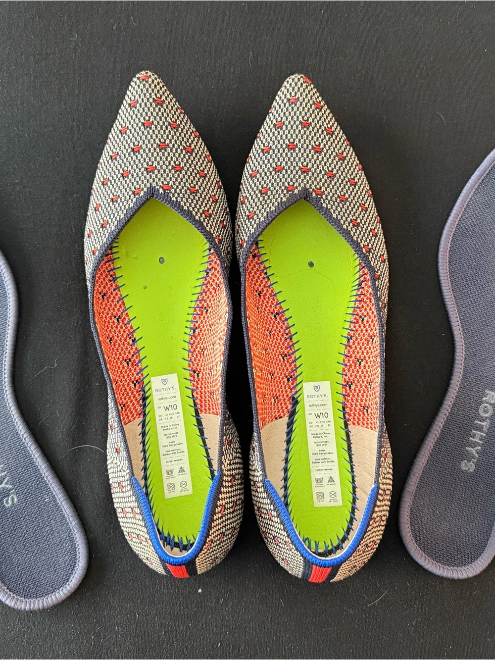 Rothy's Pointed Flats in Coral and Navy dot pattern- fun pair!